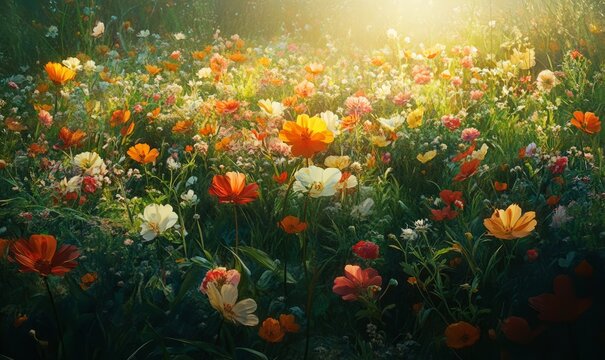 A vibrant field of assorted flowers, featuring sunlit petals and lush green grass, captures the essence of natural beauty under the warm hues of a setting sun in the horizon