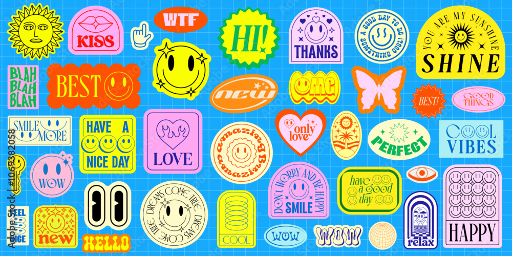 Aufkleber Cool Groovy Patches Vector Set. Collection Of Y2k Stickers Pop Art Design.