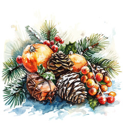 A watercolor vector of Christmas decorations, isolated on a white background.