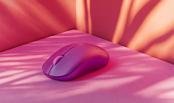 A vibrant purple computer mouse rests on a soft pink velvet surface, featuring a smooth matte finish.
