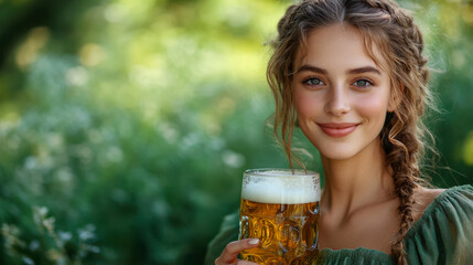 Smiling woman drinking beer outdoors on a sunny day in a green dress