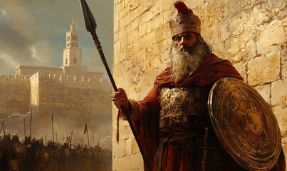 Nehemiah, holding a spear and shield, guarding Jerusalem's walls, symbolizing protection and leadership in biblical times