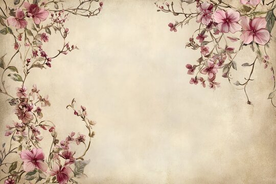 Papier peint beige antique avec motifs de fleurs et lianes roses poussi&eacute;reux..
