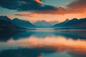 Fototapeta premium Serene lake surrounded by majestic mountains under a stunning blue and orange sky