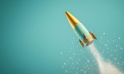 Champagne bottle flies up like a rocket. Champagne rocket launch as a symbol of holiday and party, beginning of vacation, travel or celebration.