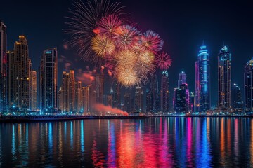 Fototapeta premium Fireworks Over City Skyline at Night.AI Generation