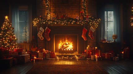 Fototapeta premium Cozy Christmas Living Room With Decorated Tree and Fireplace