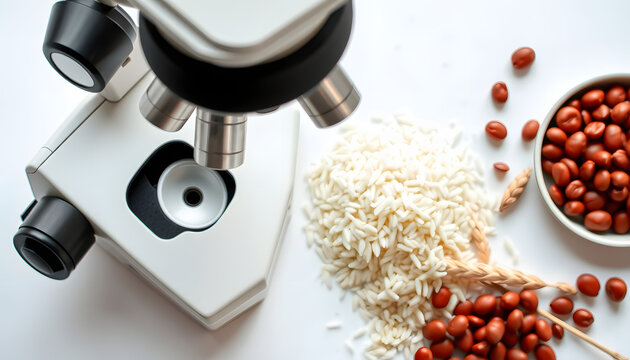 Food safety. Wheat, rice and red beans near microscope on white background top view isolated with white highlights, png
