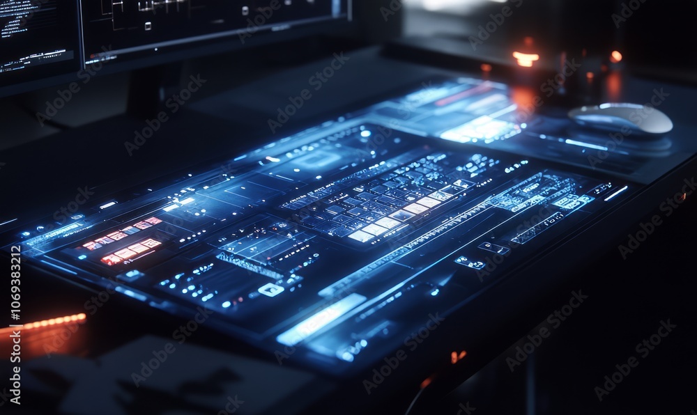 Poster high-tech virtual keyboard projected onto a desk