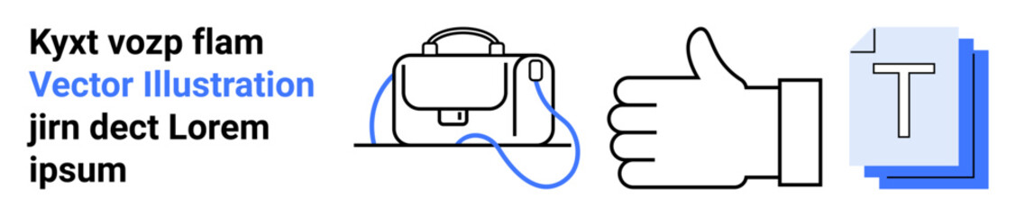 Black and white line drawings a bag, thumbs up, and text document with blue accents. Ideal for web design, mobile apps, e-commerce, presentations, branding, marketing, social media. Landing page