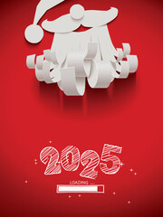 White paper cut Santa Claus greeting card with loading year 2025 isolated on a red background,vector illustration
