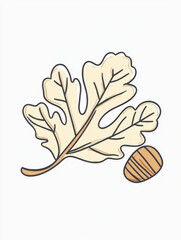 Detailed artistic drawing of a single oak leaf and acorn with soft colors and strong outlines, offering a rustic and cozy autumnal appeal for art lovers.