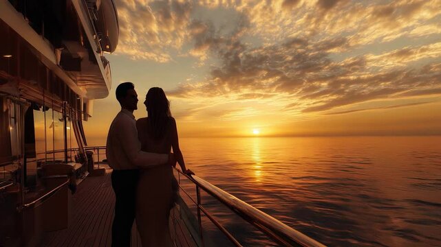 Couple Embracing on Cruise Ship Deck at Romantic Sunset, Watching Tranquil Ocean Horizon with Golden Sky. Video made using Generative AI