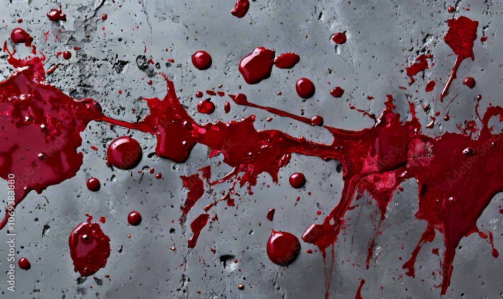 Poster an assortment of deep red blood splashes in varying sizes and patterns spreads across a gray concret