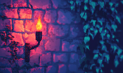 Mystical Torchlight Illuminates Ancient Brick Wall with Ivy