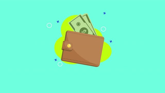Brown wallet holds money on bright turquoise background.
