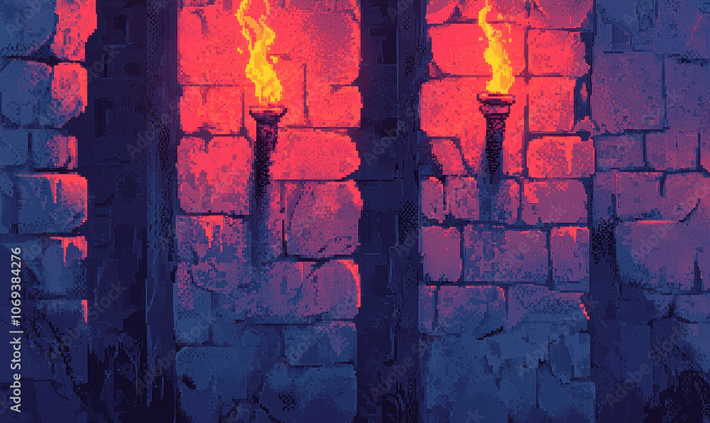 Poster medieval torch on stone wall illuminates ancient architecture in gothic style