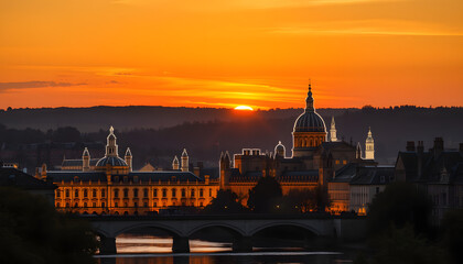 Obraz premium Cambridge, beautiful sunset. King's college chapel and river Cam at sunset. Cambridge University buildings isolated with white highlights, png