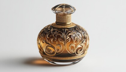 Elegant glass perfume bottle with intricate golden design displayed on a light background