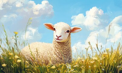 Naklejka premium Portrait of a lamb in meadow. Lamb of God concept. Christian illustration