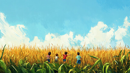 A joyful scene of children playing hide and seek among the stacks of hay bales in the harvest fields.