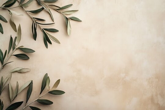 Fond beige cr&egrave;me avec motifs de feuilles et lianes vert olive pour un look minimaliste vintage..