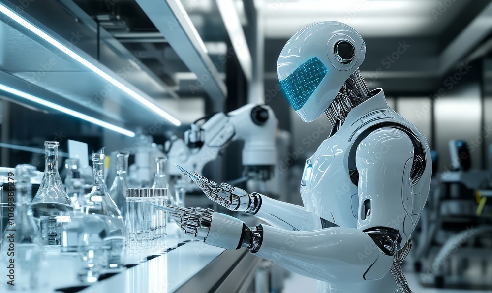 Poster high-tech research lab with ai-powered experiments and robotic assistants