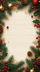Festive holiday decoration with pinecones and berries on a rustic wooden background