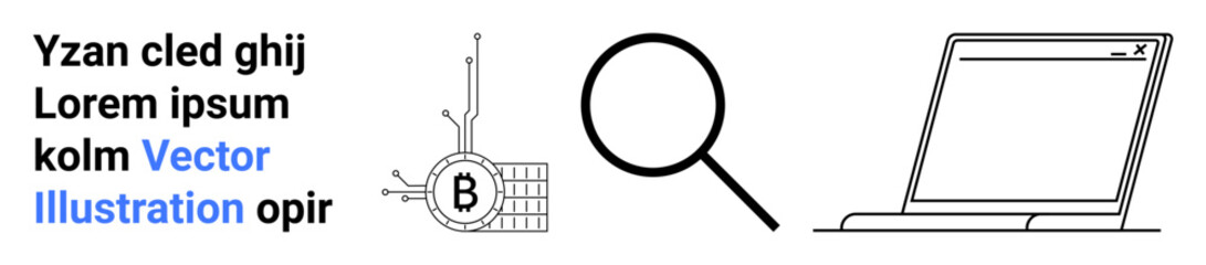 Bitcoin circuit with magnifying glass and laptop in black and white. Ideal for cryptocurrency, finance, blockchain, research, technology, data analysis, digital marketing themes. Landing page