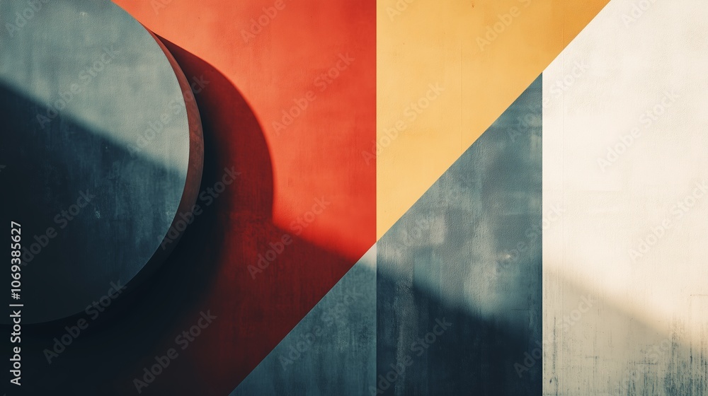 Poster abstract geometric shapes create a vibrant display of colors and shadows in a modern art setting