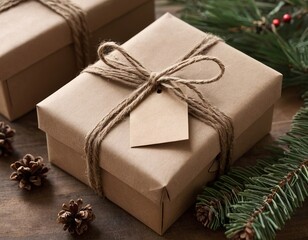 Rustic gift box wrapped in brown paper and twine, surrounded by pine cones and fresh greenery,...