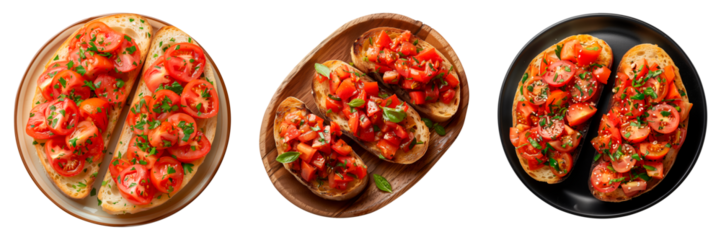 A set of tomato bread isolated on white or transparent background. Close-up of tomato bread in wooden, black and white plate. Traditional spanish dish. Top view.