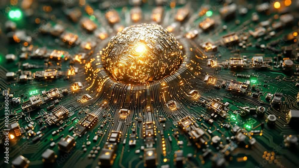 Aufkleber close-up of a glowing circuit board featuring a central processor, showcasing advanced tech
