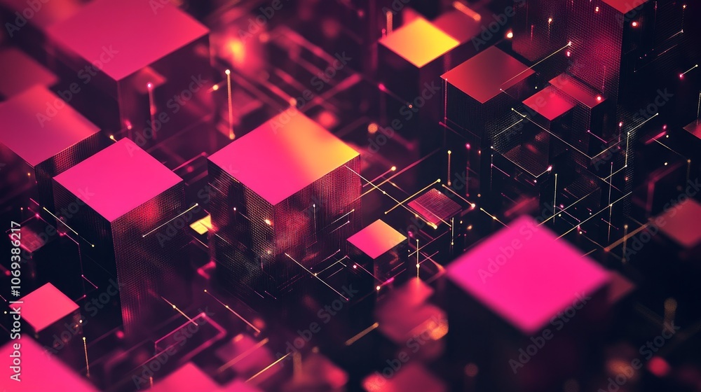 Poster isometric digital blocks on an abstract geometric background.