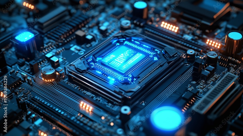 Poster detailed close-up of a blue-lit microprocessor on a circuit board with intricate components during a