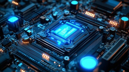Fototapeta premium Detailed close-up of a blue-lit microprocessor on a circuit board with intricate components during a technological setting