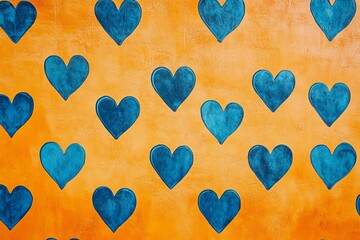 Fond orange vif avec motifs de c&oelig;urs bleus en motif r&eacute;p&eacute;titif..