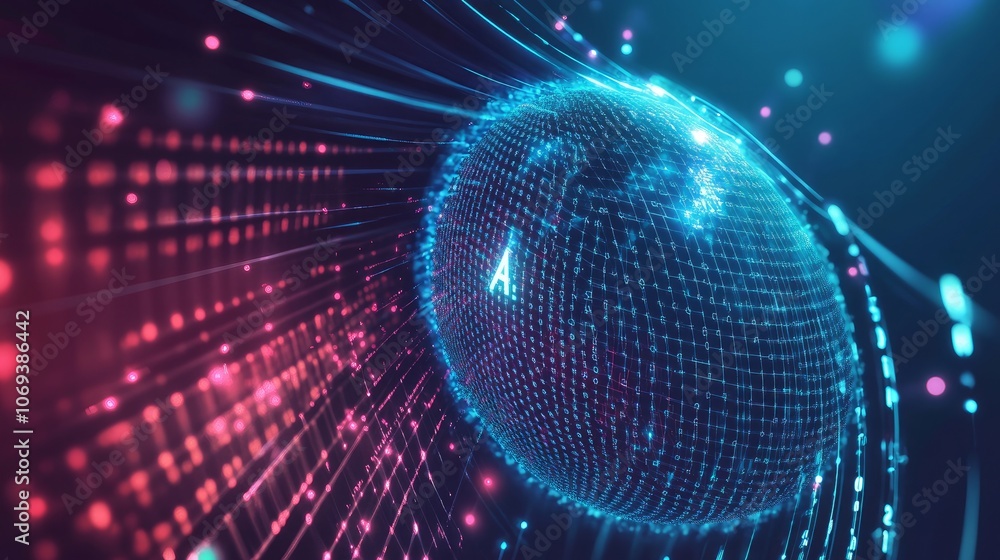 Aufkleber abstract wave grid sphere labeled “ai” symbolizing artificial intelligence.