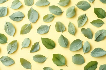 Fond jaune pastel avec formes de feuilles vertes dans une disposition ludique..