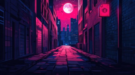 Cyberpunk-inspired night alley vector illustration.
