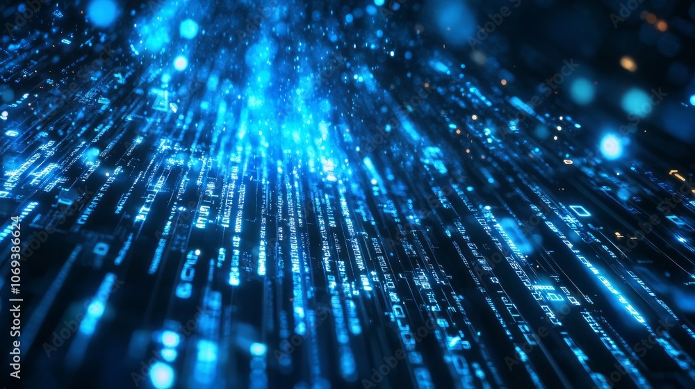 Poster binary code falling as an abstract tech wallpaper.