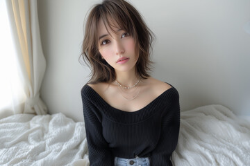 Naklejka premium 黒ニットで魅せるナチュラルな大人女性