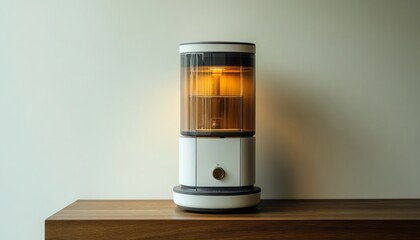 Elegant modern lamp on wooden table providing warm light in a minimalistic room setting