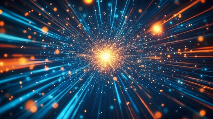 Bright radial light beams in blue and orange neon colors.
