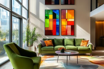 Modern living room design featuring lush green chairs, abstract art, and colorful stained glass