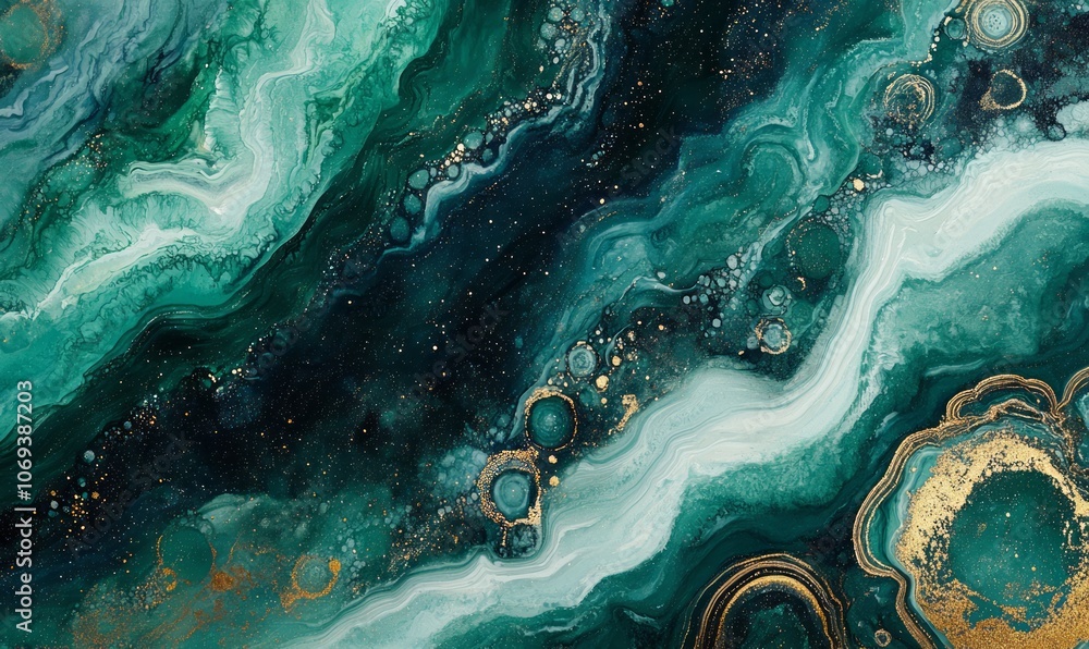 Poster gradient from mint to emerald in an impressionistic style with textures that mimic natural stone, wo