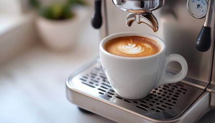 Elegant latte art crafted from a freshly brewed espresso in a stylish kitchen