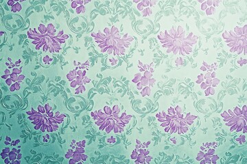 Fond vert menthe avec motifs de fleurs violettes dans un style vintage..