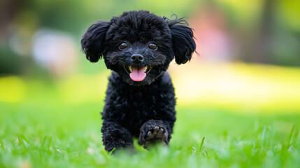Small black poodle happily running in park, copy space