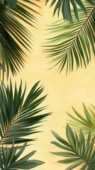 Green palm leaves casting shadows on a soft yellow wall in a bright indoor setting